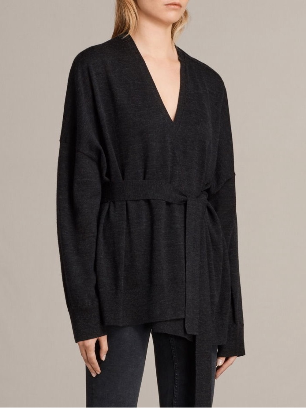 All Saints Merino Wool Cardigan Graphite Charcoal Belted Wrap Sweater M